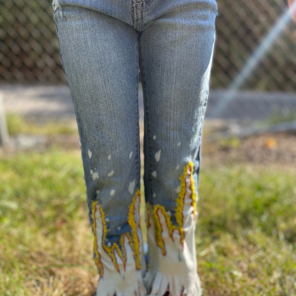 Girl Handsewn Handmade Bleached Bootcut Jeans With Rhinestone Decal